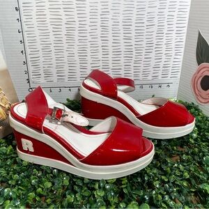 Glossy Red Wedge Sandals with Slingback Strap